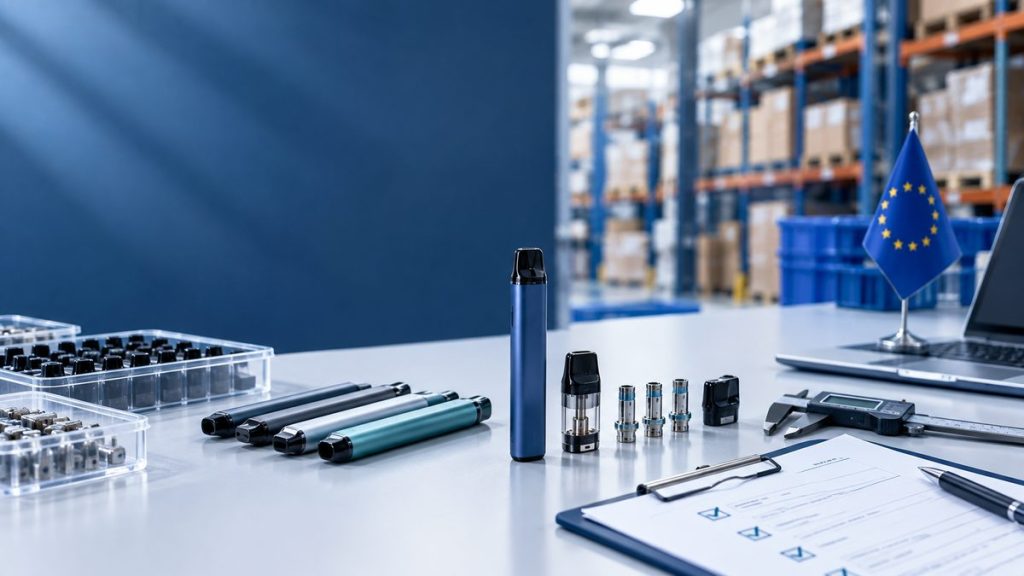Vape devices and components arranged on a quality-control workbench for European B2B supplier evaluation