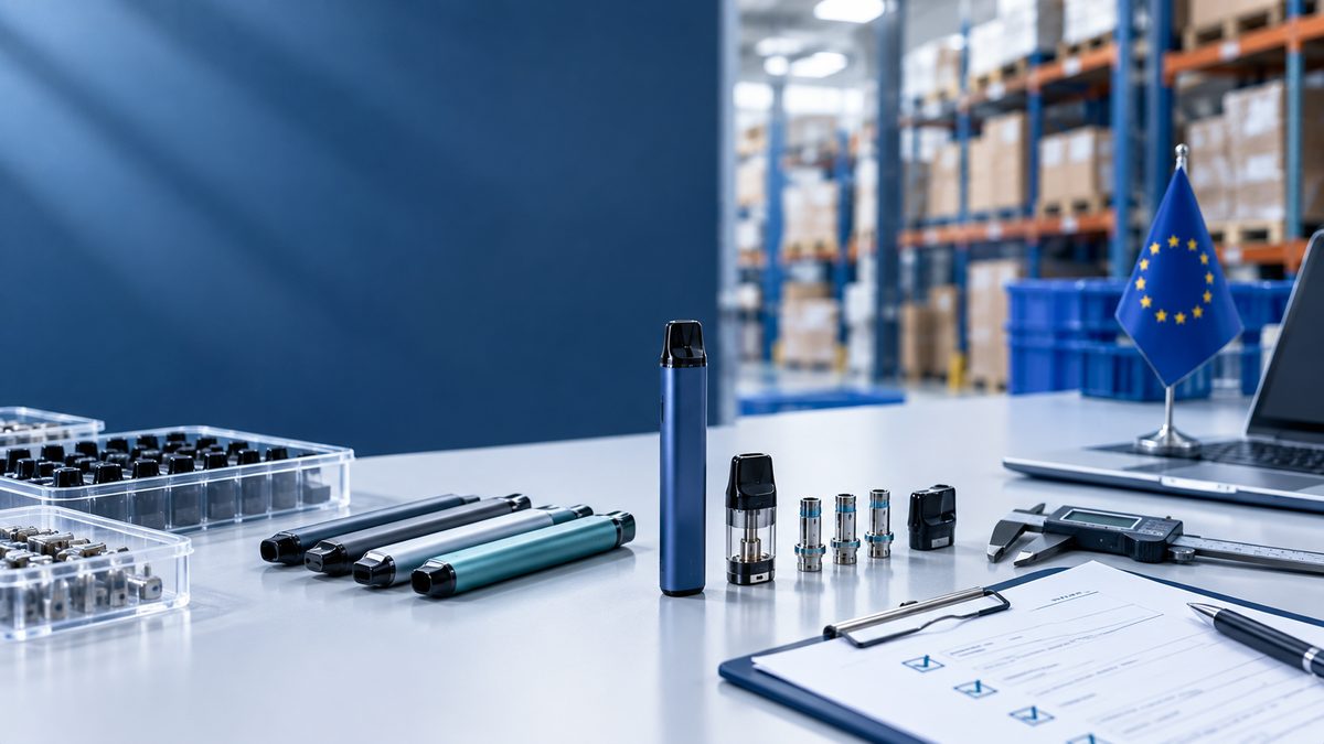 Vape devices and components arranged on a quality-control workbench for European B2B supplier evaluation