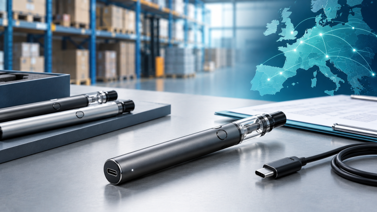 Rechargeable vape pen and USB-C charging cable with a Europe distribution network background